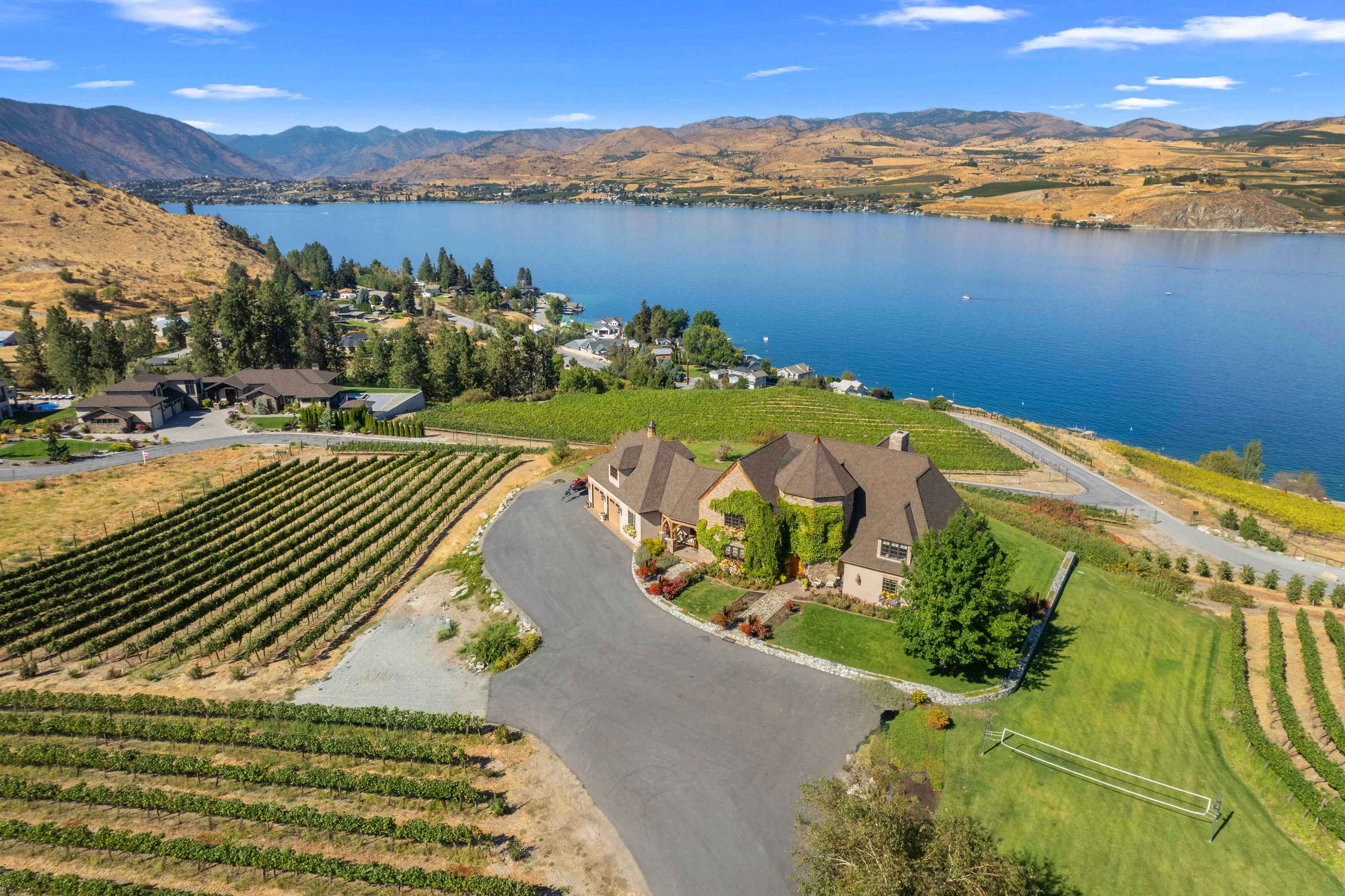 Aerial view of Lake Chelan Winery estate and vineyard
