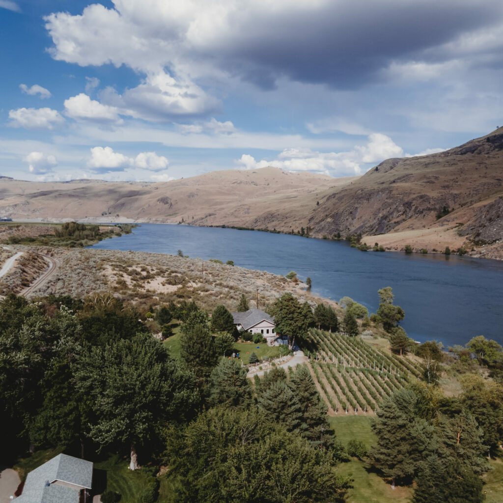 Rio Vista Wines aerial view of vineyard and Columbia River Valley Chelan